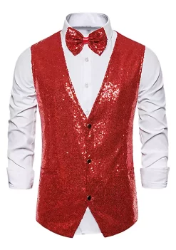 Budget 🔔 Lars Amadeus Men's Sequin Shiny Slim Fit Vest Sleeveless Suit Waistcoat Set with Bow Tie 🎉 -Cheap Lars Amadeus Shop Belk 759