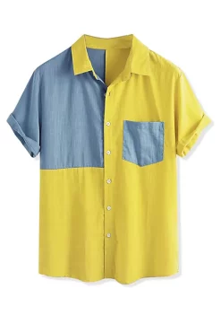 Coupon 🌟 Lars Amadeus Men's Color Block Short Sleeve Button Down Casual ☀️ Summer Cotton Patchwork Print 👕 Shirt ✔️ -Cheap Lars Amadeus Shop Belk 939