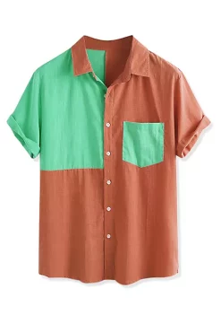 Coupon 🌟 Lars Amadeus Men's Color Block Short Sleeve Button Down Casual ☀️ Summer Cotton Patchwork Print 👕 Shirt ✔️ -Cheap Lars Amadeus Shop Belk 942